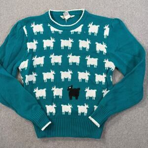 E.V. Ltd. Vintage Girls Large Teal Sheep Pattern Sweater Puff Sleeve Knit Whimsy